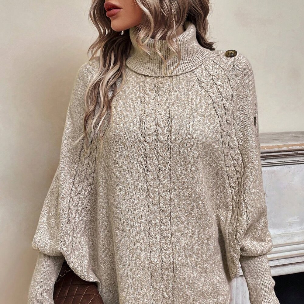 Apricot Casual Women's Turtleneck Batwing Sleeve Button Detail Cable Knit Poncho - Picture 4 of 7